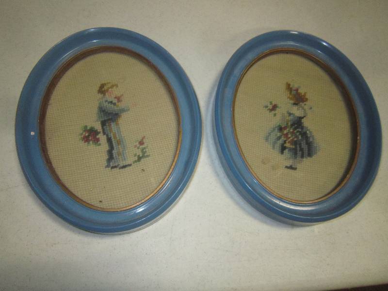 2 Needlepoint Picture Boy and Girl (old) Oval 9 tall x 7 wide