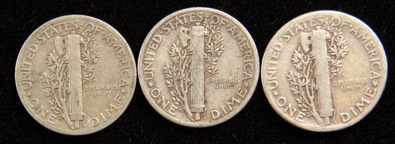 GROUP OF 3 SILVER MERCURY DIMES F-VF