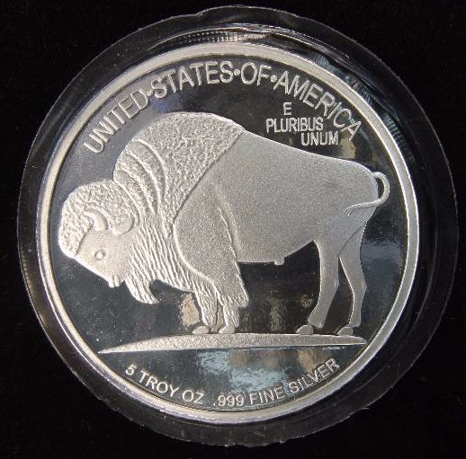 5 TROY Oz. .999 FINE SILVER ROUND BUFFALO  INDIAN HEAD DESIGN