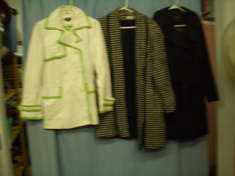 3 Womens Coats- Herringbone, Forcaster Size 910, White Leather (No Belt Size M), Jone N.Y. Size M