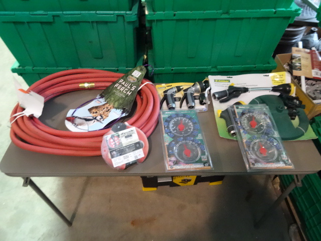 lot 1 image: NEW Lot Garden Items incl hose, spray heads thermometers and more GREEN BIN NOT INCLUDED