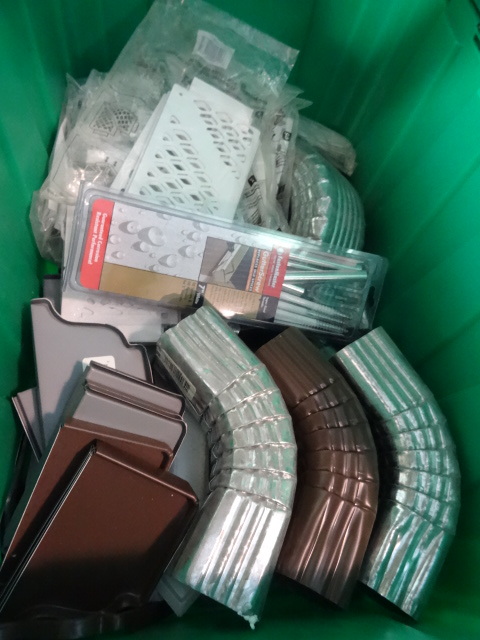 lot 3 image: NEW Large lot Misc. Gutter Parts and supplies GREEN BIN NOT INCLUDED