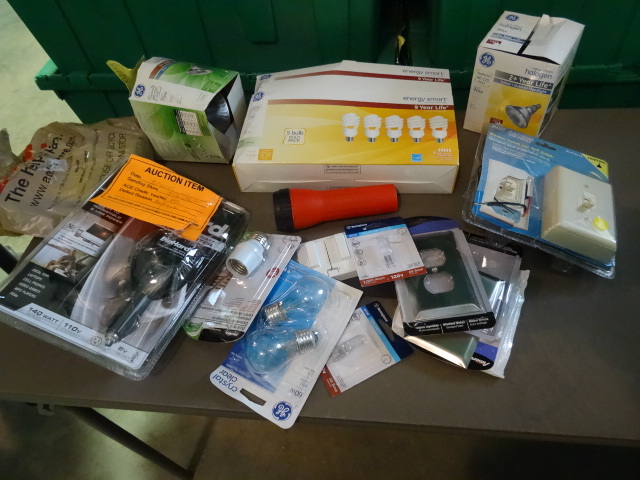lot 18 image: NEW Lot of Misc Electrical incl. DCAC Power Inverter, Flashlight, Dusk to Dawn Socket, Wireless Light Switch and Light Bulbs