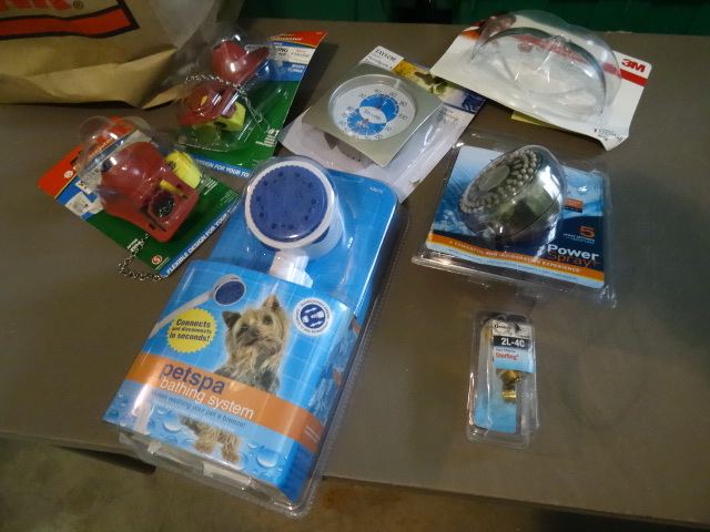lot 19 image: NEW Misc Plumbing Lot Shower Head,Pet Spa Shower Attachment, Toilet Flap Repair Kits, Safety Glasses and Thermometer