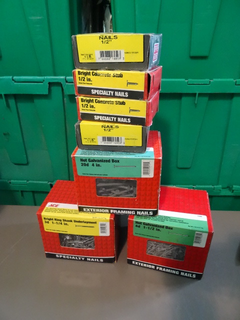 lot 27 image: NEW Large Lot Nails 3 x 5 lb boxes, 4 x 1 lb boxes and 1 large box Cap Nails