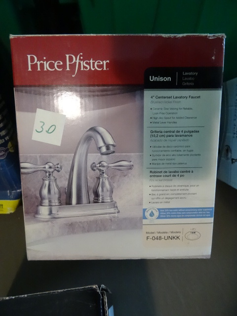 lot 30 image: NEW Price Pfister Bathroom Lav Faucet, Brushed Nickle, 2 handle, pn F048UNKK