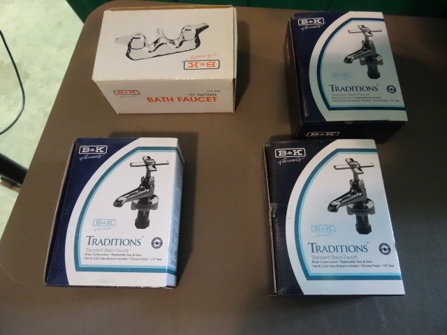 lot 38 image: New LOT Qty 4 Faucets 1 x  B&K O Pattern Bath Faucet pn 123-004, 3 x B&K Traditions Standard Basin Faucets pn 123-003NL
