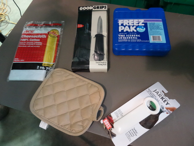 lot 69 image: NEW Kitchen Lot Pairing Knife and Peeler, ICE Freezer Pack, Cheesecloth and Jar Opener