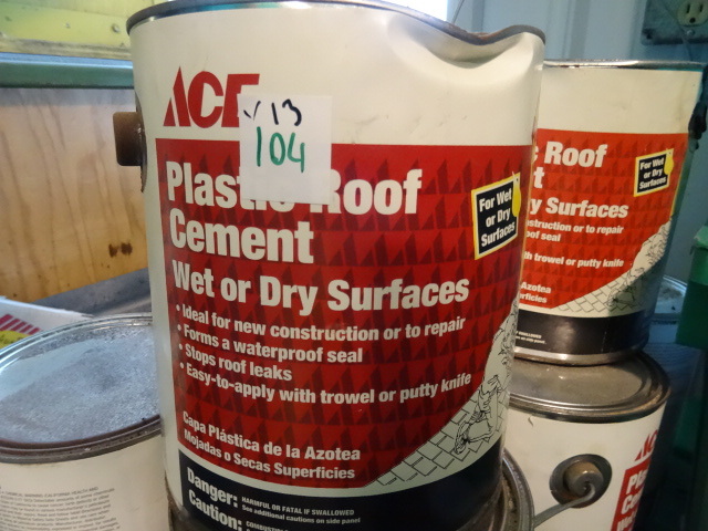 lot 104 image: NEW Qty 13 Cans Plastic Roof Cement for Wet Or Dry Surfaces 1 gal ea