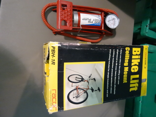 lot 119 image: New Lot Bike Items, Ceiling Mount Bike Lift AND 100 PSI Foot Pump
