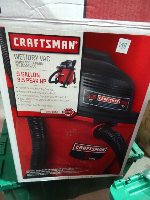 lot 198 image: USED Craftsman 9 gal 3.5 hp WetDry Vac pn 917967 Has label Wet Only, Powers On, No Further Testing Done. Please Inspect