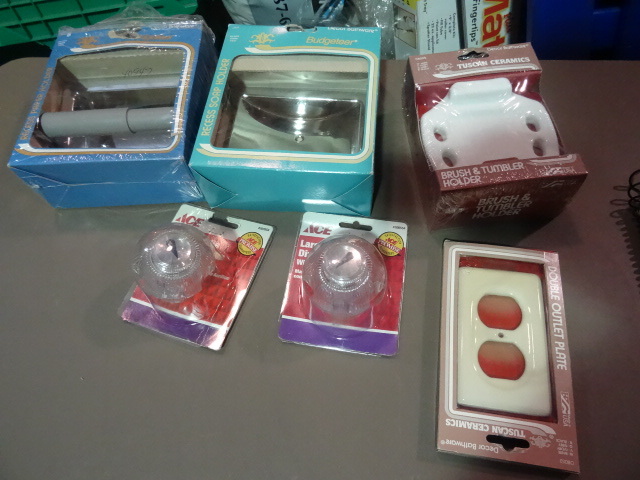lot 202 image: NEW bathroom Lot incl Soap Trays, Toilet Tissue Holder, Replacement faucet handles and more
