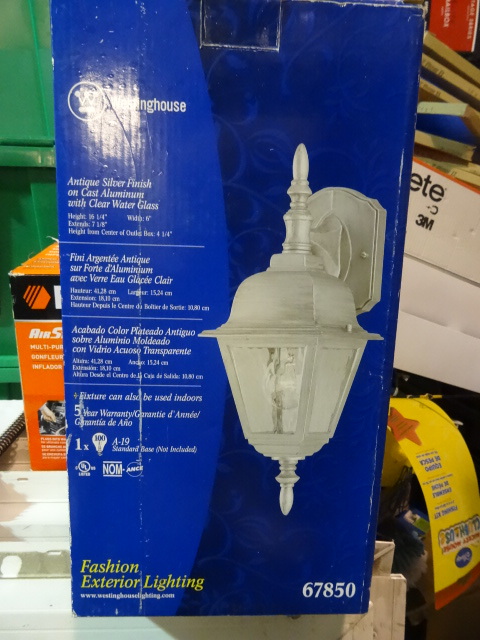 lot 245 image: NEW Westinghouse Fashion Exterior Lighting Wall Lantern pn 67850 Antique Silver Finish on Cast Aluminum with Seeded Glass