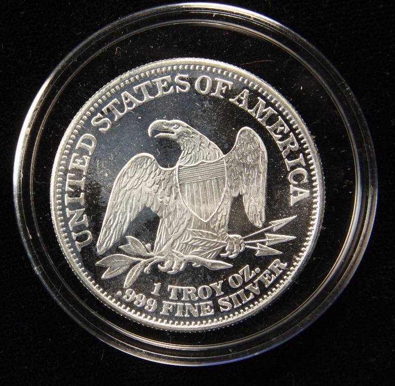 1 TROY OZ. .999 FINE SILVER SEATED LIBERTY DESIGN IN AIRTITE HOLDER