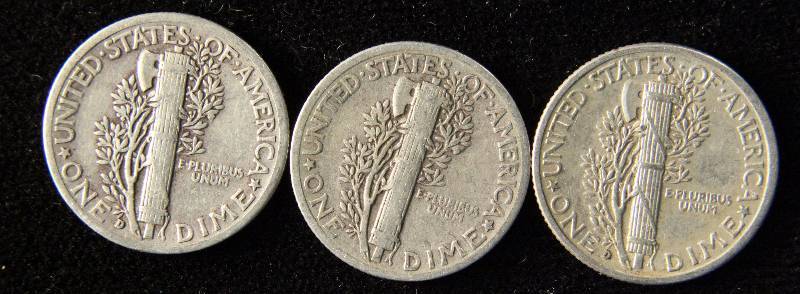 GROUP OF 3 SILVER MERCURY DIMES F-VF