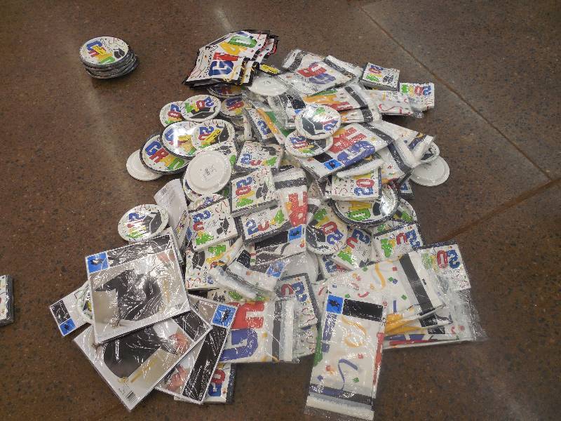 lot 20 image: Misc. Box of Paper Plates, Napkins, Graduation Supplies