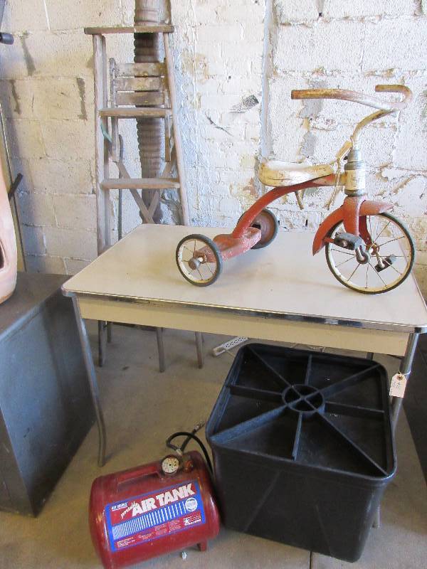Wacky Assortment  - Vintage metal Trike, Table, Ladder, Tall Pole, Air Tank