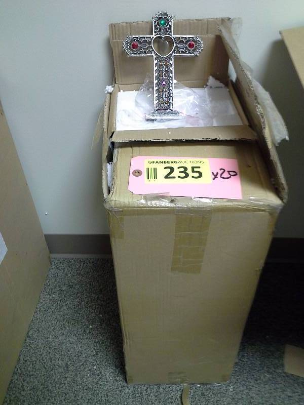 Large box of pewter crosses with hanging heart in the middle