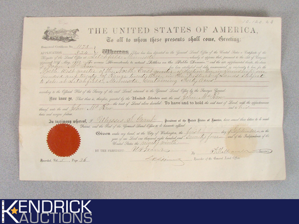Antique 1874 Land Deed Signed by Ulysses S. Grant