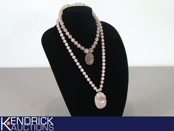 2 Vintage High End Vintage Pink Jade, and Rose Quartz Necklaces