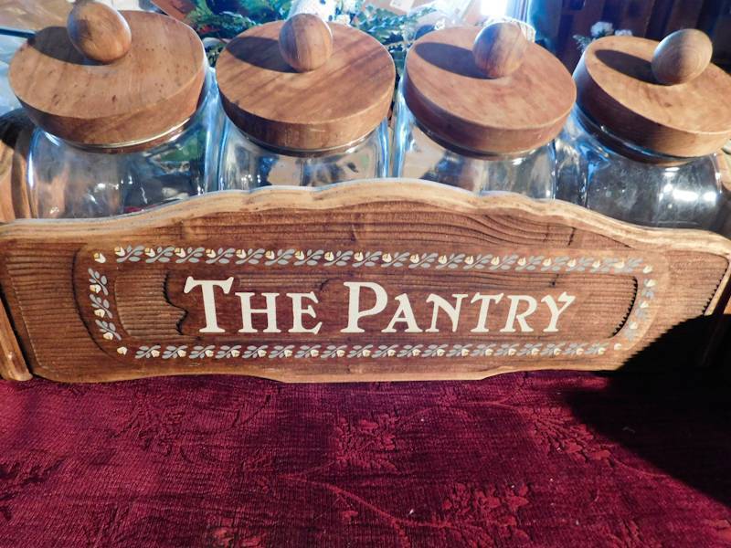 lot 67 image: the pantry wooden tray with four glass storage containers and wall sorter like mail