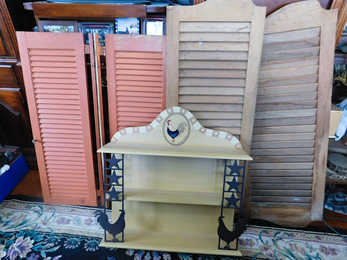 lot 15 image: wooden decor set of shutters set of swinging doors and shelving unit
