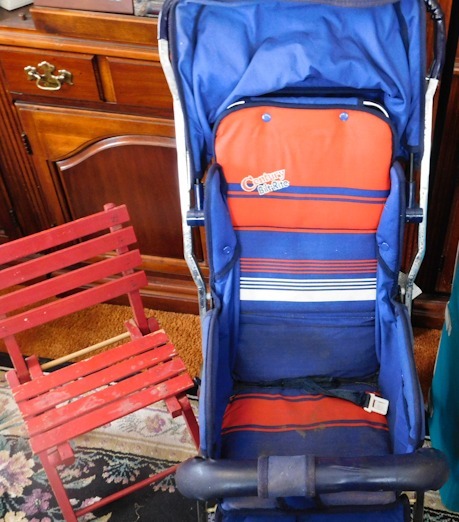 lot 16 image: child folding wooden chair and a stroller