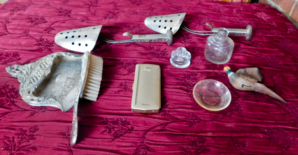 lot 149 image: metal shoe trees vintage eyeglasses and case crumb brush and pan