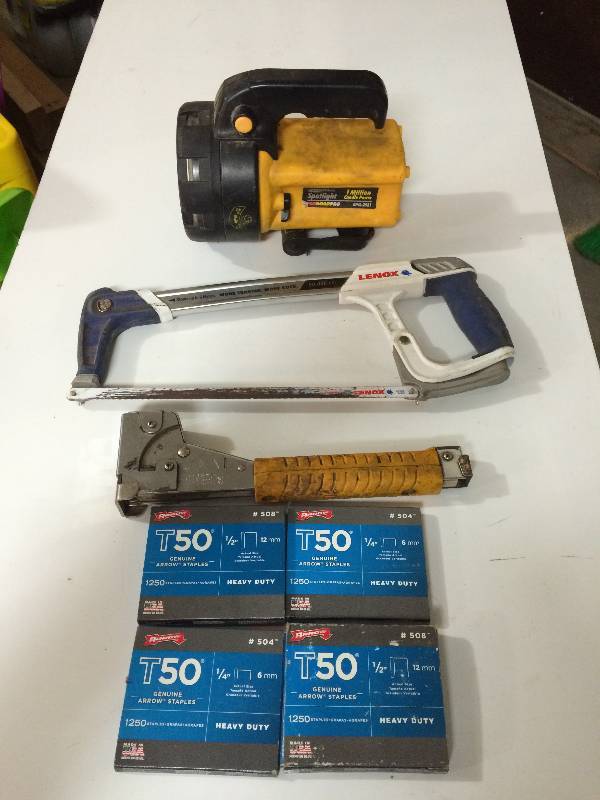 Staple Gun, Staples, Hacksaw, Flashlight