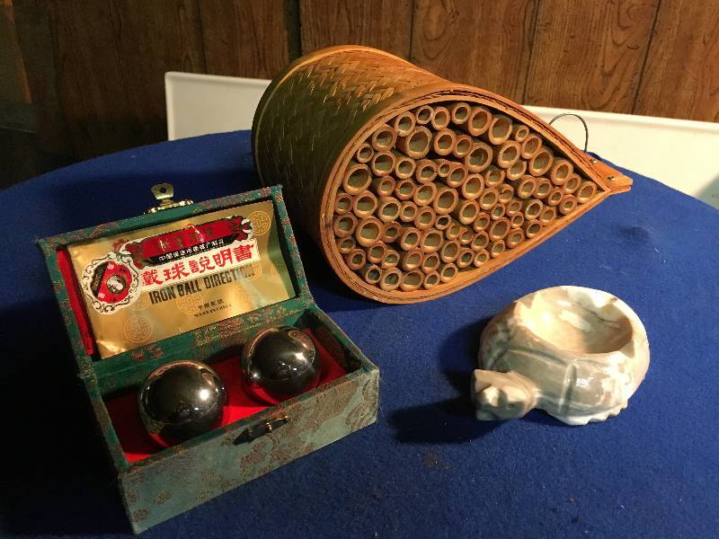 China Iron Ball Set, Stone Turtle Ash Tray, and 