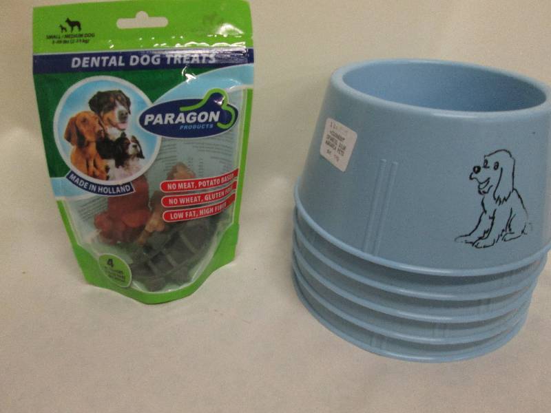 Dental dog treats, 5 blue dog dishe...