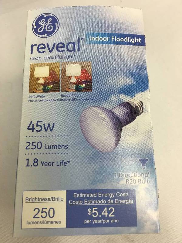 lot 126 image: GE 6 pack of 45 Watt R20 Reveal Flood Light Bulbs