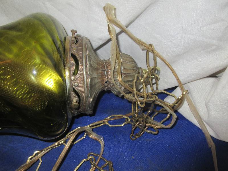 lot 2 image: VINTAGE GREEN GLASS AND BRASS TOP AND BOTTOM HANGING