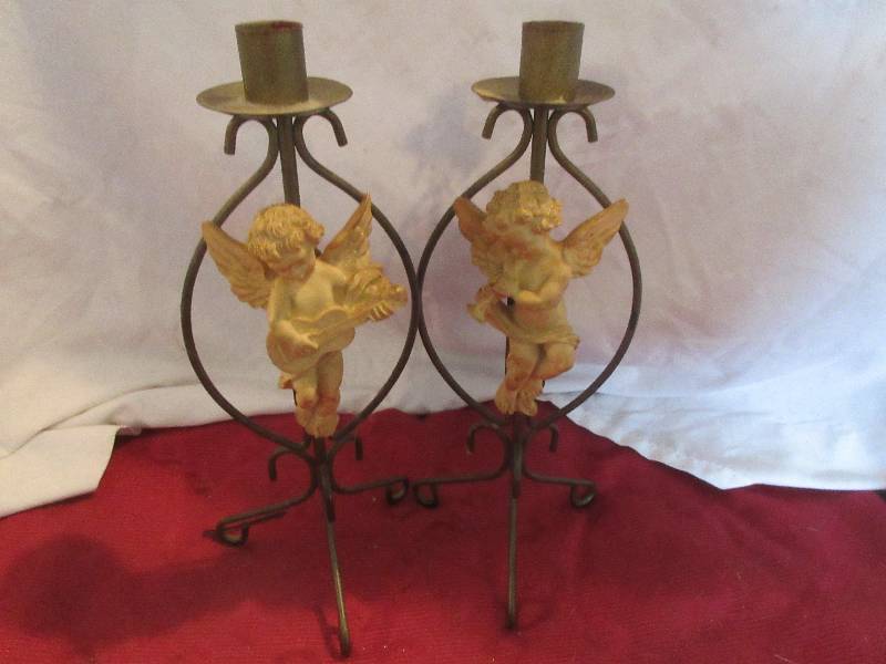 lot 102 image: VINTAGE BRASS AND CHERUB CANDLE HOLDERS
