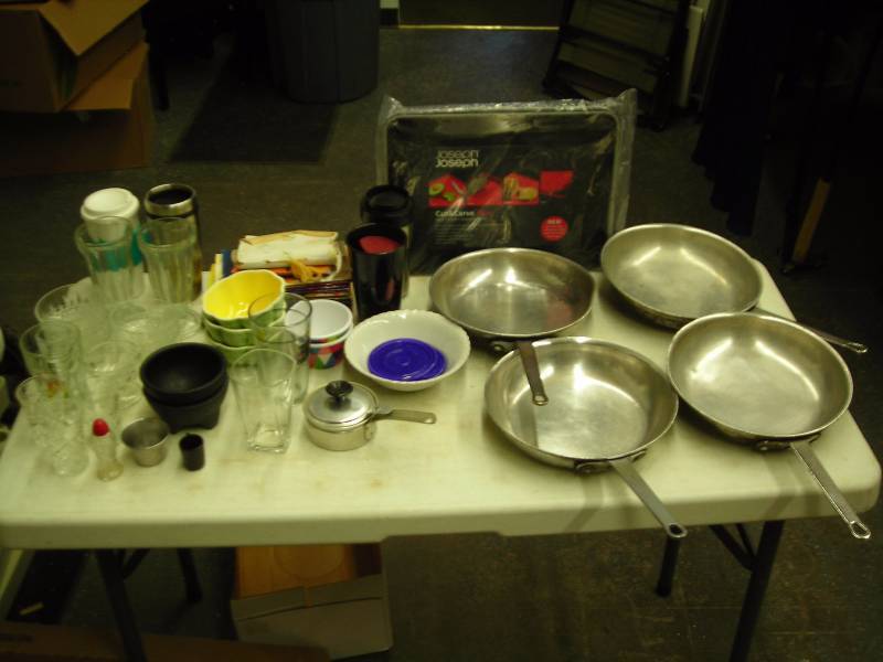 Box Lot Kitchen Untensils, 4-10 Inch Commercial Skillets, Glassware