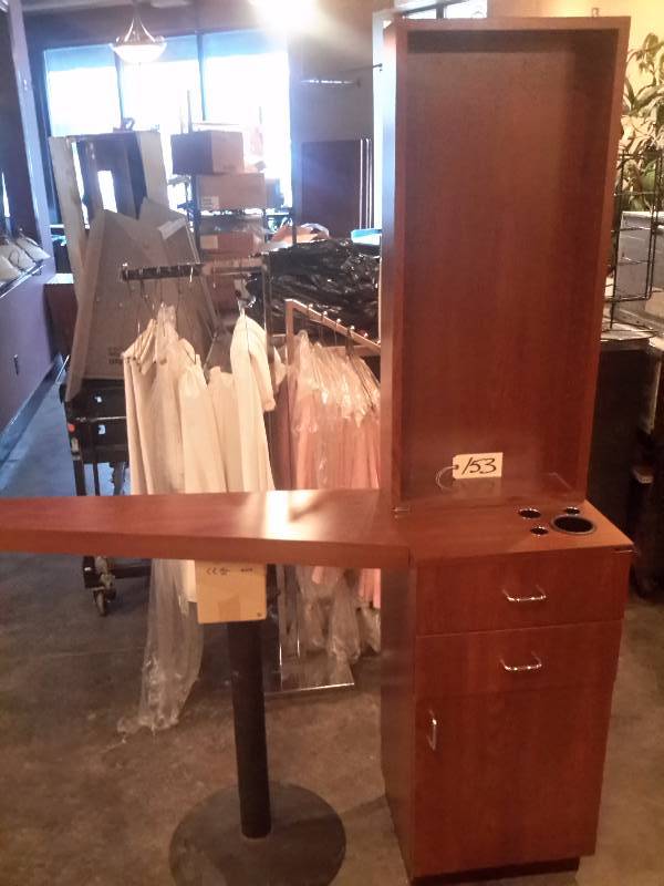 lot 153 image: Collins Hair Salon Station - with Base Cabinet, Shelf, & Product Display Wall Cabinet (2glass shelves),                                      cherry wood veneer, ....