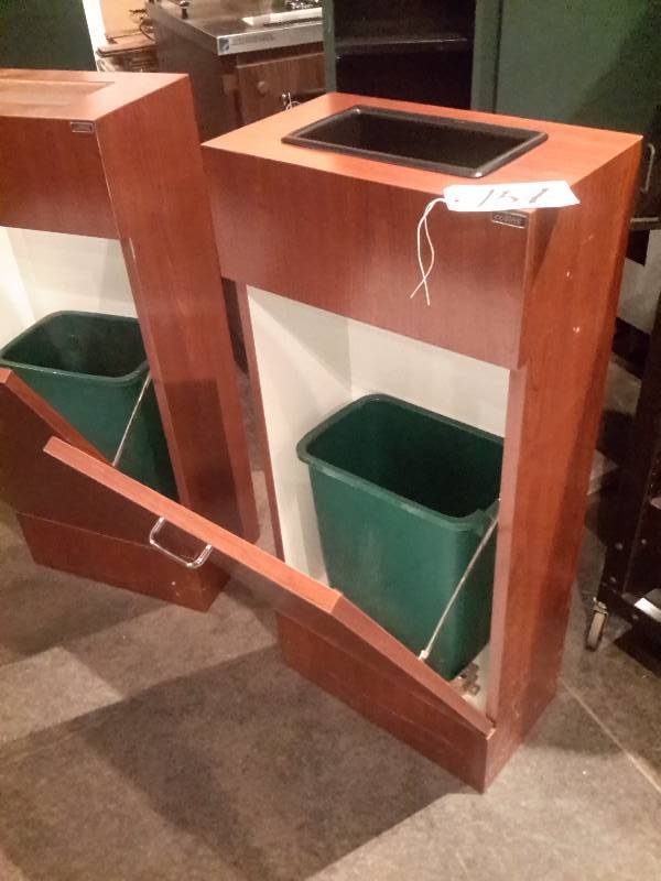 lot 157 image: 2, Cabinets with Garbage tray built In.. Top insert tray.. 1 missing.  Overall dimensions  18 in x 10 in x 36in h