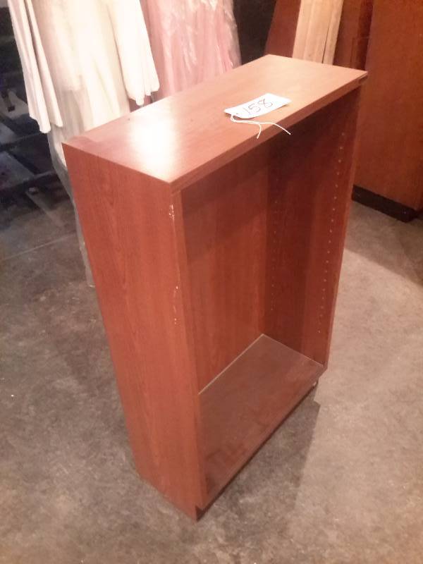 lot 158 image: Product Display Cabinet for Hair Salons (Collins brand), floor mount (or can be attached to wall), 2 glass shelves, cherry wood veneer