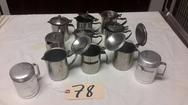 lot 78 image: 9, stainless steel tea pots and salt and pepper shakers