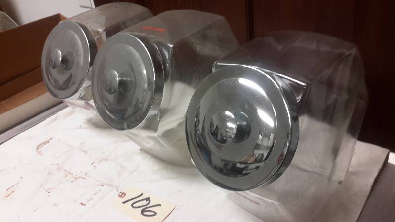 lot 106 image: 3 old fashion Cookie Jars with chrome covers.  I cleaned one up as shown