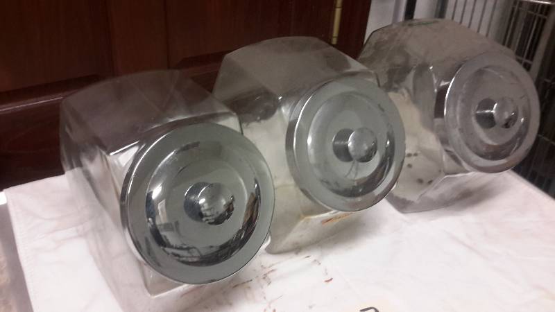 lot 107 image: 3 old fashion Cookie Jars with chrome covers.  I cleaned one up as shown