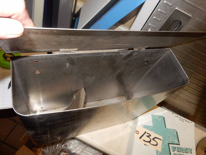 lot 135 image: Stainless steel bathroom waste bin.. 17 in x 14in x 5in.. First Aid kit