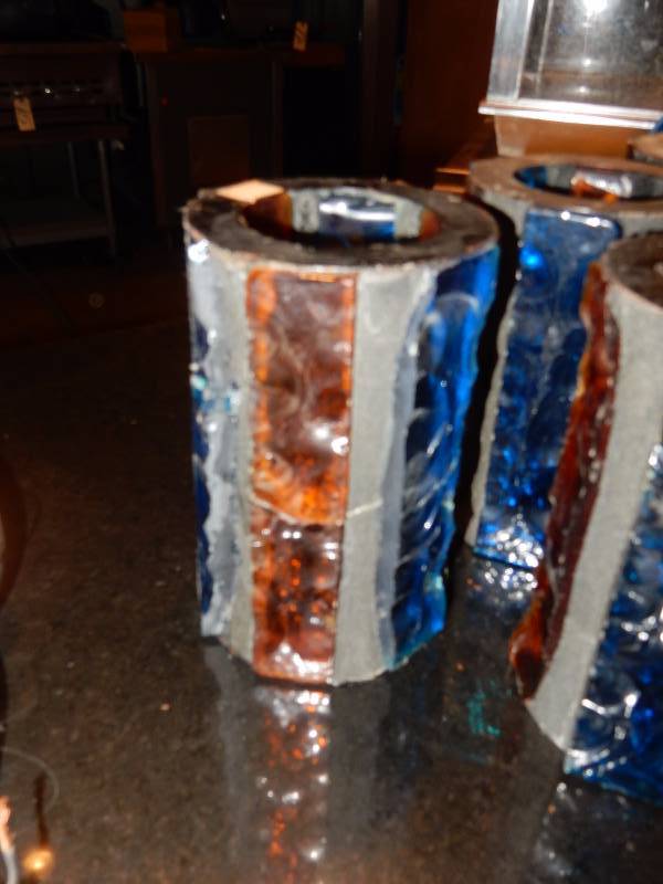 lot 146 image: 6, Heavythick Colored Glass, 1960s1970s Spanish Motif Candle Hurricanes.  Multi colored. See pictures