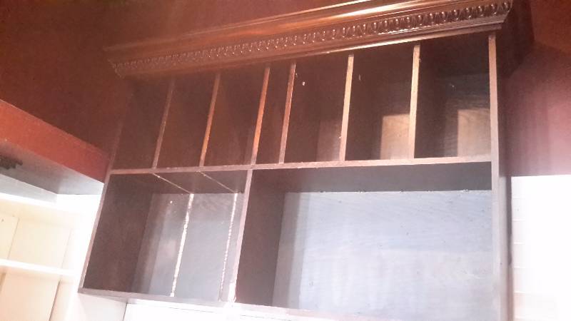 lot 20A image: 2 wall cabinets.  One is 5ft x 36in h x 11in deep. .Has large 6in Crown Molding.. Matches the Armoire in Lot 49