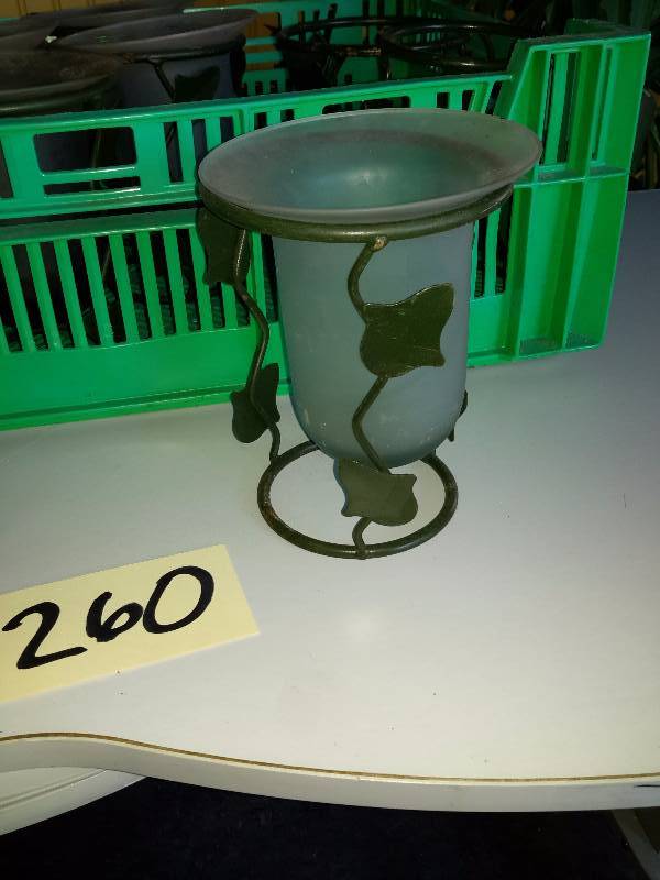 lot 260 image: 7 Complete Glass Bell Shaped Glass Metal and Glass Candle holders plus 3 extra frames.  5 in Diameter x 7 in tall.