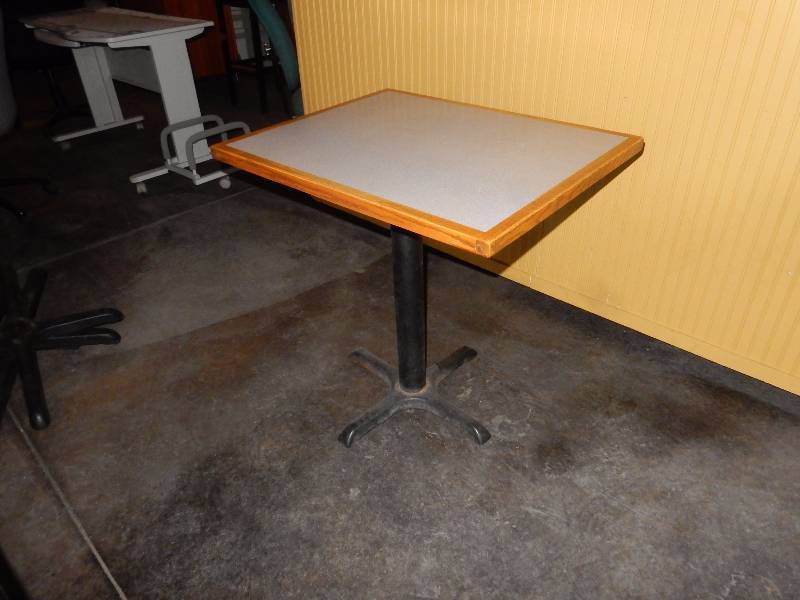 lot 196 image: 2, Lt Grey laminate with Wood Trim Tables. .Single pedestal.. 30 in x 24in x 29in h.