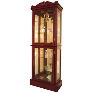 Cherry-Finished Mirrored Lighted Curio Cabinet