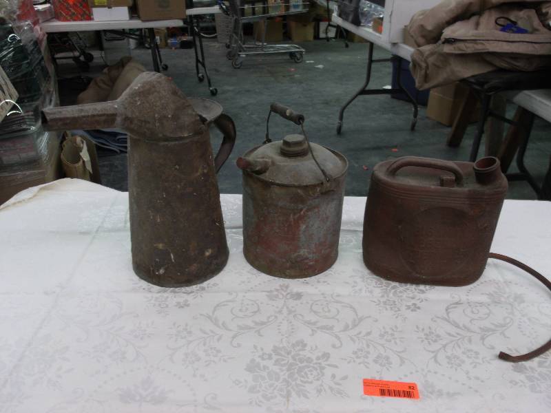 vintage auto battery, filler oil can and gas can