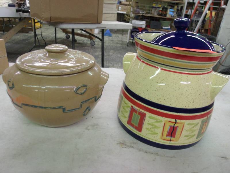 two pottery bean pots
