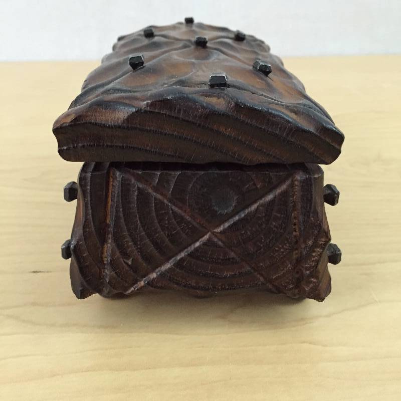 lot 67 image: VINTAGE 1960s Lobeco Style Rich Hand Carved Rustic Heavy Wood Art of Spain with Wrought IRON Nails Accents DOMED Accessory Tobacco Humidor TRINKET BOX with Label
